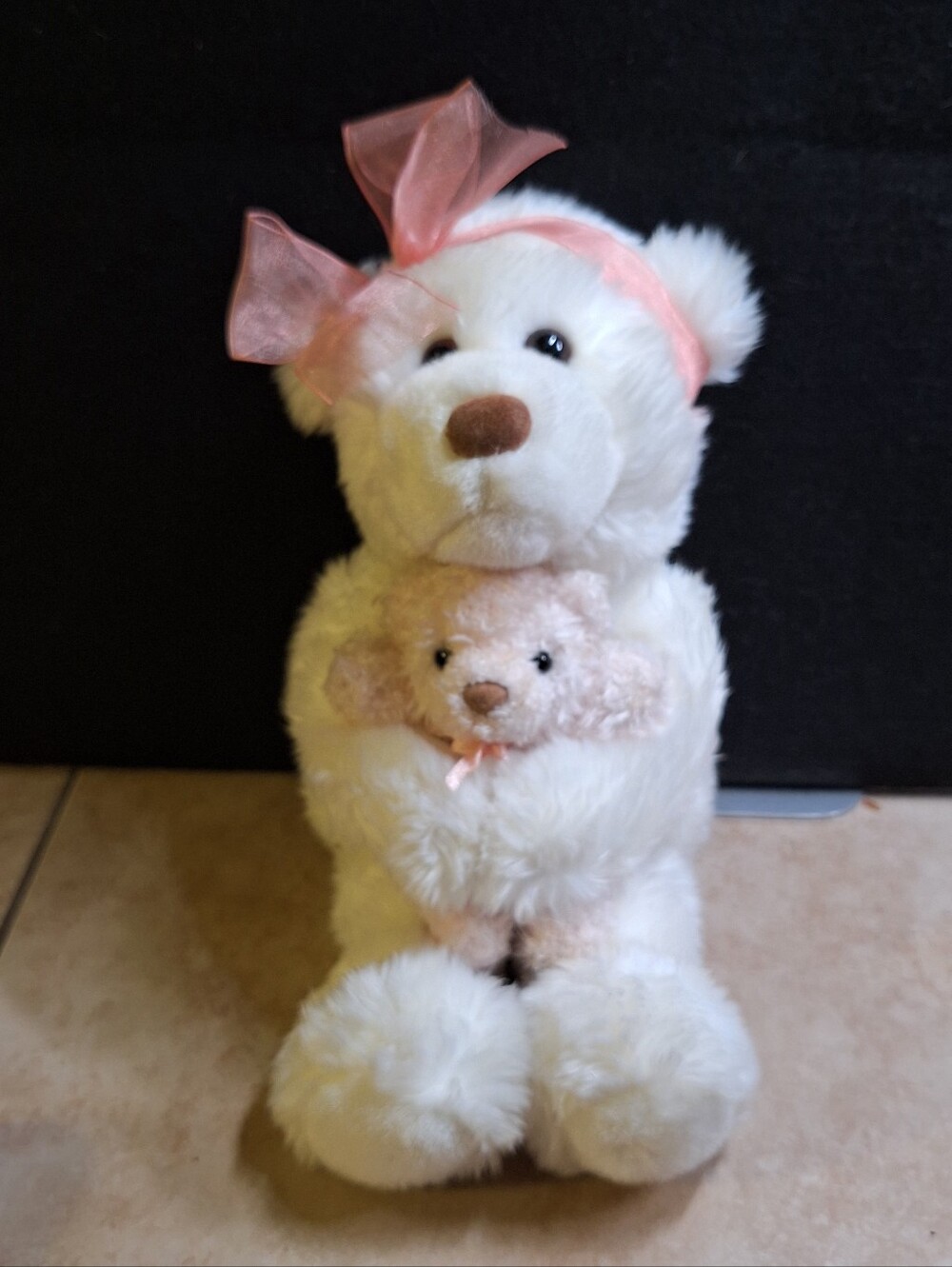 Gund Plush 'Momma's Love' White Bear Sheer Pink Bow Hugging Pink Baby Bear #4977